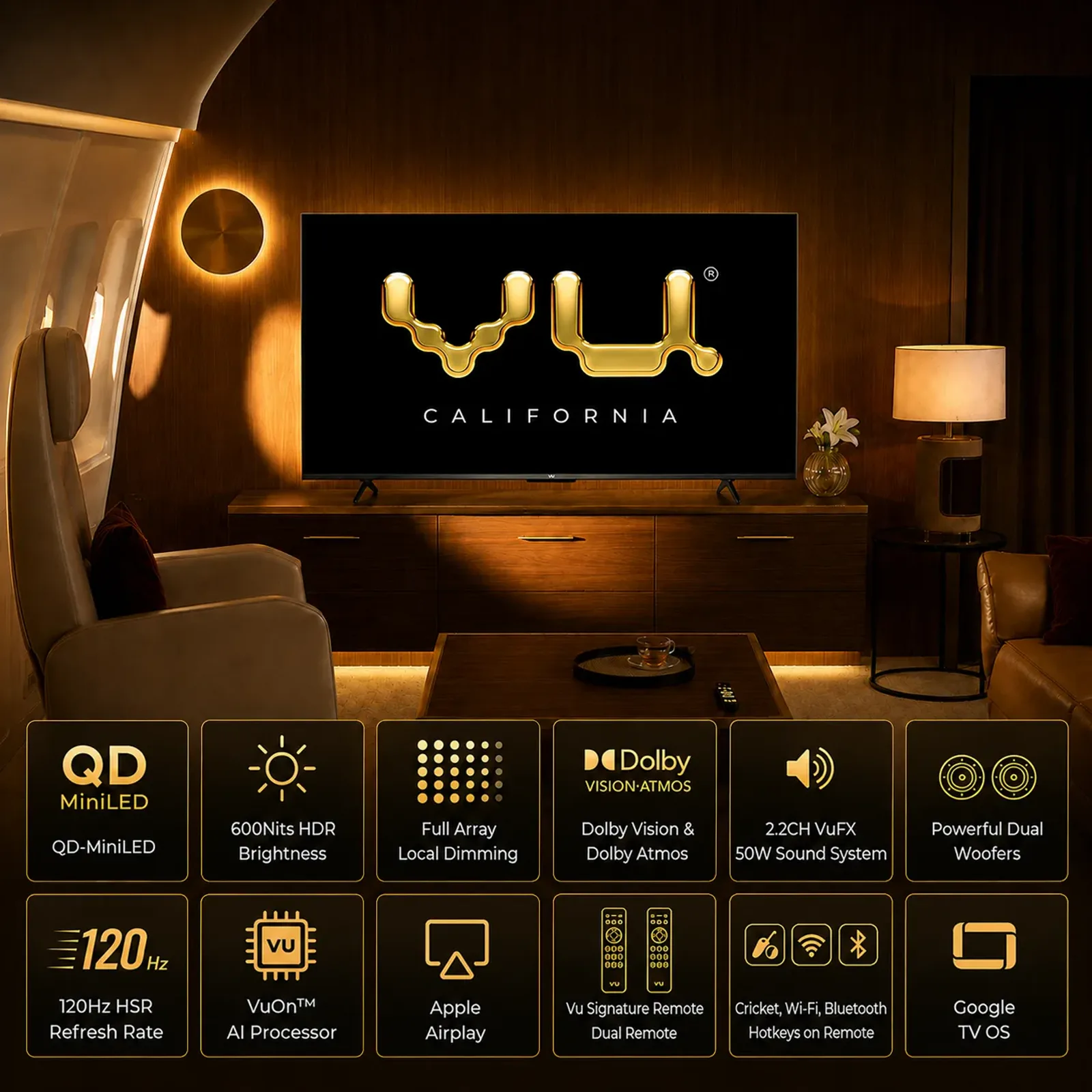 Vu Glo MiniLED TV with QD Mini LED Dolby Vision Dolby Atmos 120Hz refresh rate and Google TV